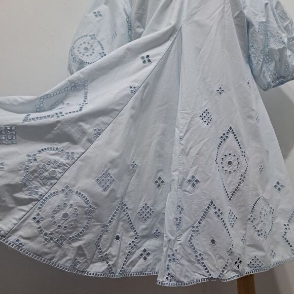 Ganni Broderie Anglaise Puff Sleeve Organic Cotton Mini Dress Illusion Blue S 42 - Picture 14 of 17